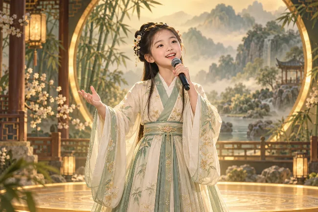 AI创作:女孩手持麦克风演唱诗歌的主题创作